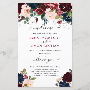 PAPIER FLEURS DE COULEUR D'EAU BURGUNDY MARINE BLANCHE