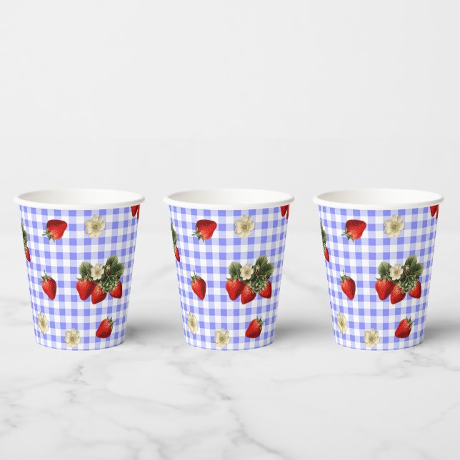 Papier Fleurs de fraisier gingham bleu jolis gobelets en  (Multi)