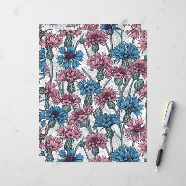 Papier Fleurs de maïs roses et bleues, fleurs sauvages su (Devant/Arrière en situation)