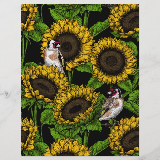 Papier Fleurs de soleil et ailerons sur noir (Devant)