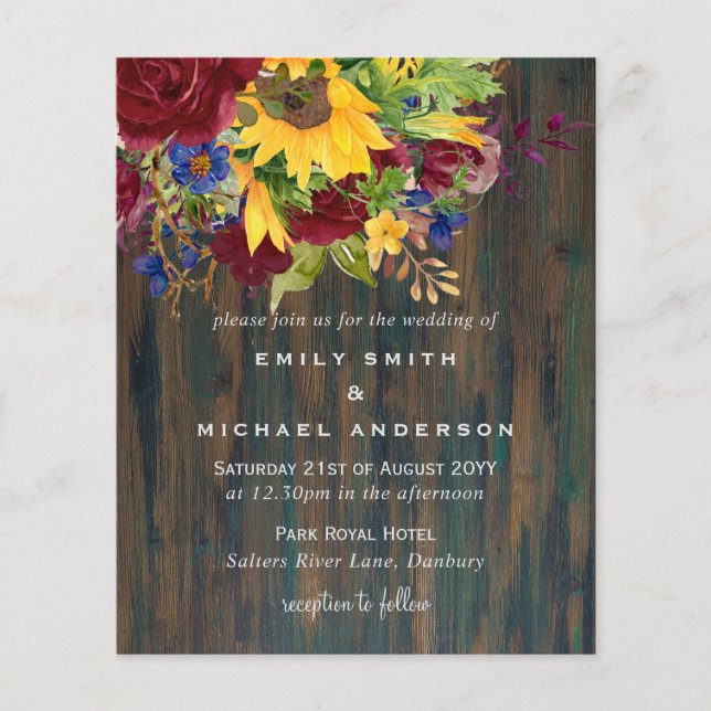 Papier Fleurs de soleil rustiques Mariage floral bordeaux (Devant)