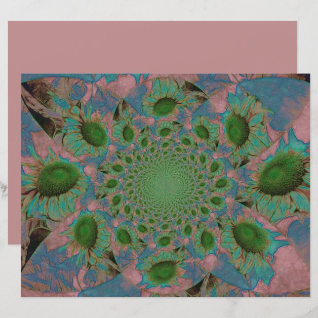 Papier Fleurs de soleil Vert rose Bleu Abstrait Floral Vi (Devant / Derrière)
