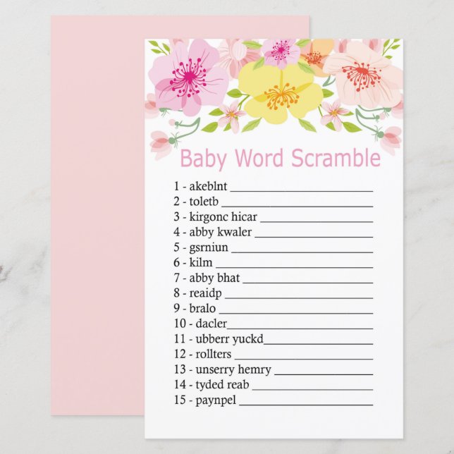 Papier Fleurs délicates Baby word scramble jeu (Devant / Derrière)