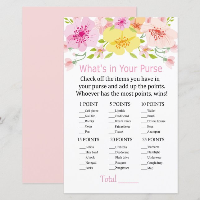 Papier Fleurs délicates Ce qui est dans votre jeu de sacs (Devant / Derrière)