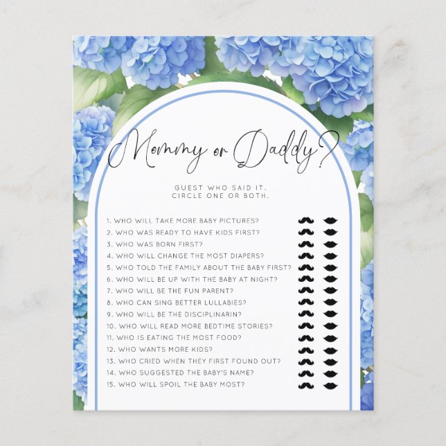 Papier Fleurs d'Hydrangea Jeux de Baby Shower Maman ou Pa (Devant)