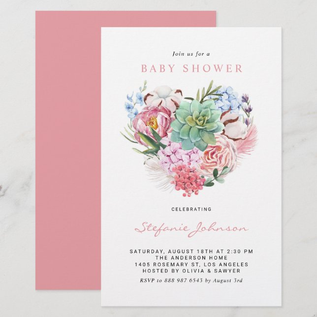Papier Fleurs et Baby shower cardiaque Succulent Invitati (Devant / Derrière)