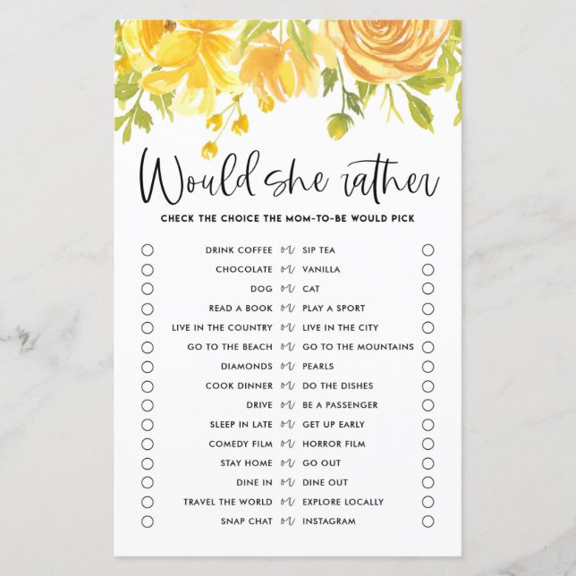 Papier Fleurs Jaunes Elle Plairait Baby shower Jeu (Devant)