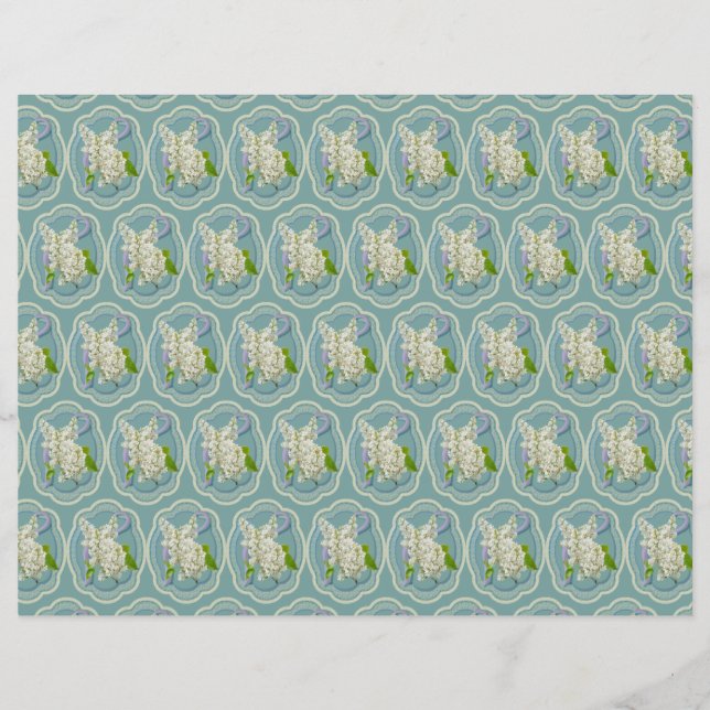 Papier Fleurs Lilac Blanches Cadre Vert Motif Romantique (Devant)