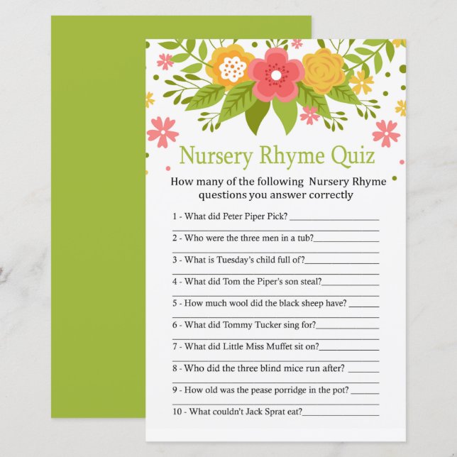 Papier Fleurs Nursery Rhyme Quiz jeu de baby shower (Devant / Derrière)