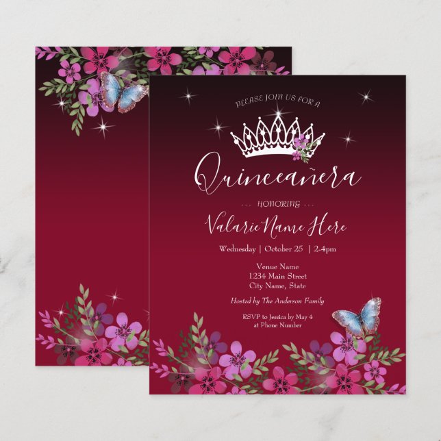 Papier Fleurs Papillon Quinceanera Budget Invitation (Devant / Derrière)