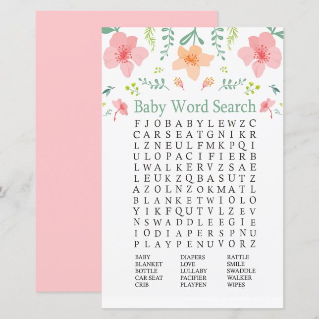Papier Fleurs Pastel Baby shower Word Recherche Jeu (Devant / Derrière)