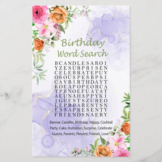 Papier Fleurs roses Anniversaire Mot de recherche Jeu (Devant)