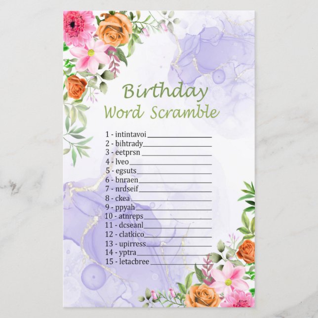 Papier Fleurs roses Anniversaire Mot Scramble Jeu (Devant)