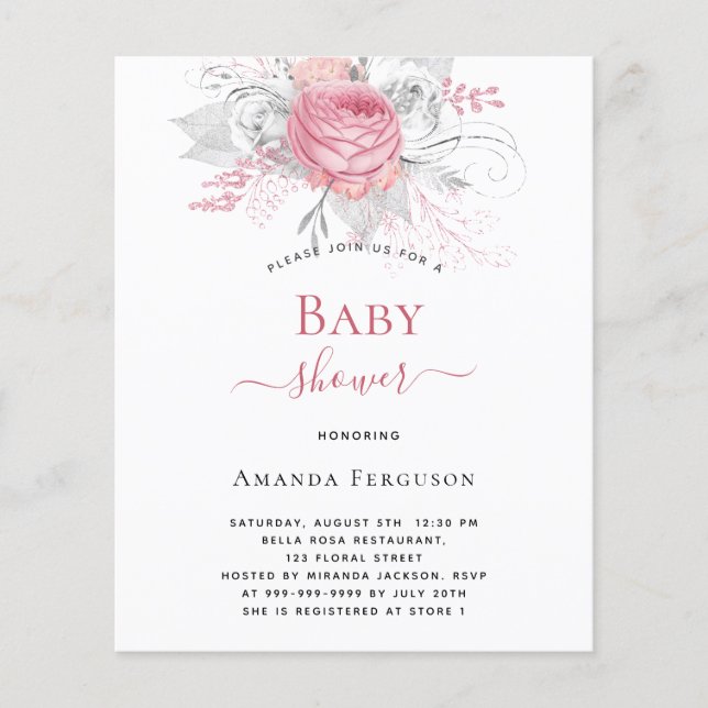 Papier Fleurs roses argent baby shower invitation budgéta (Devant)