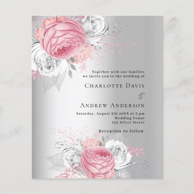 Papier Fleurs roses argent budget faire-part de mariage (Devant)