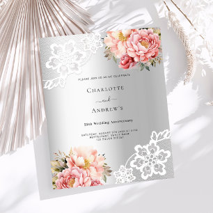 Papier Fleurs roses argentées dentelle 25e anniversaire m