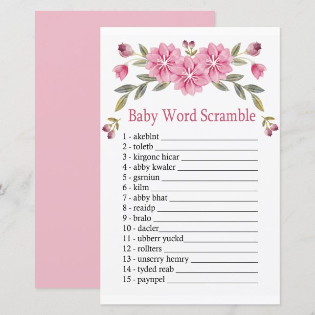 Papier Fleurs roses Baby mot scramble jeu (Devant / Derrière)