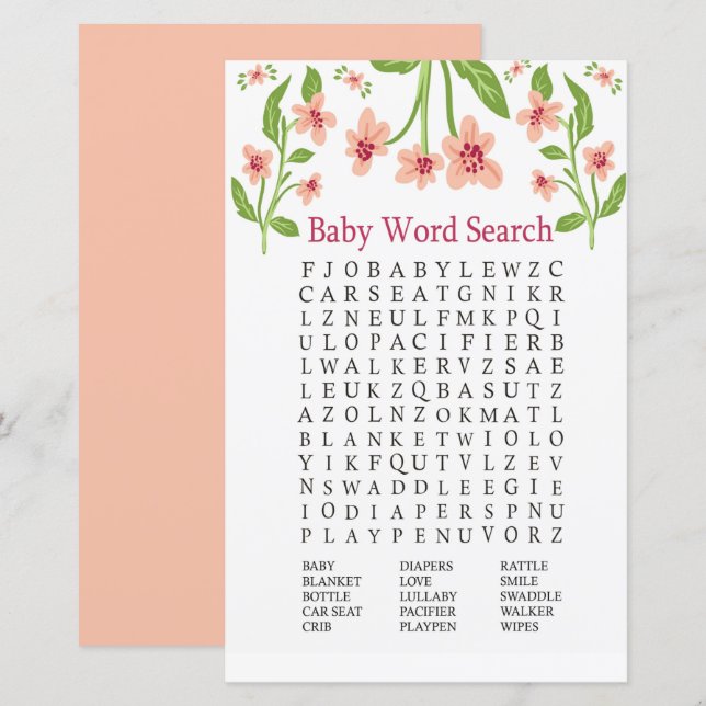 Papier Fleurs roses Baby shower Word Recherche Jeu (Devant / Derrière)