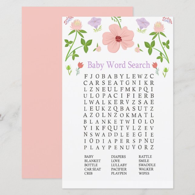 Papier Fleurs roses Baby shower Word Recherche Jeu (Devant / Derrière)