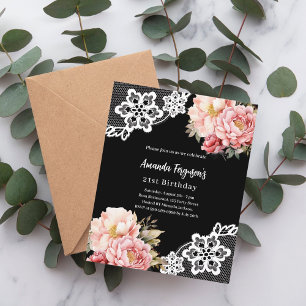 Papier Fleurs roses noires dentelle invitation anniversai
