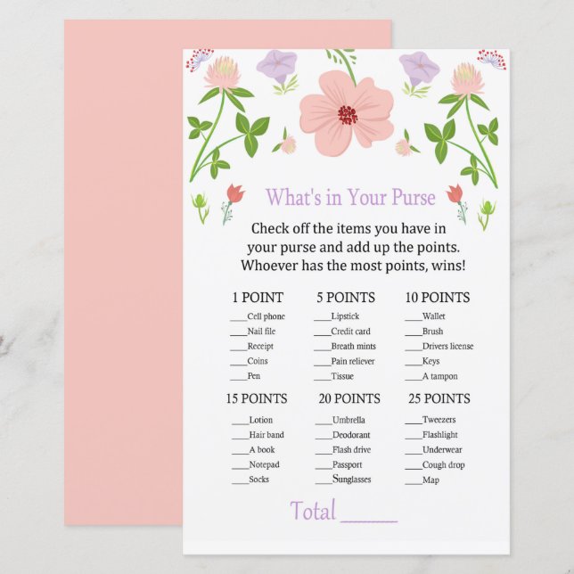 Papier Fleurs roses Qu'y a-t-il dans votre sac à main (Devant / Derrière)