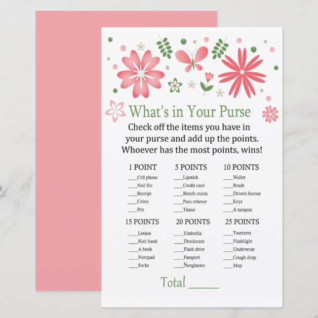 Papier Fleurs roses Qu'y a-t-il dans votre sac à main (Devant / Derrière)