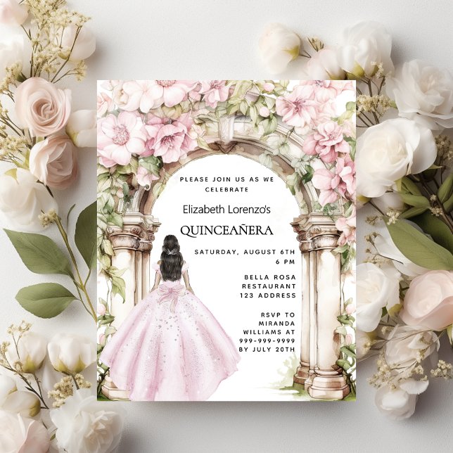 Papier Fleurs roses robe arche Quinceanera invitation (Créateur téléchargé)