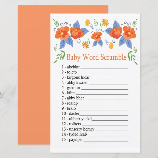 Papier Fleurs rouges Bébé mot scramble jeu (Devant / Derrière)