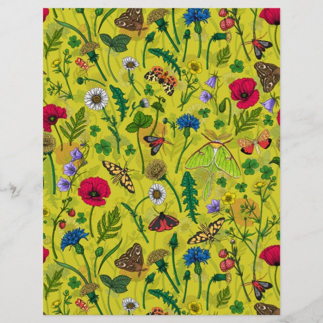 Papier Fleurs sauvages et papillons de nuit en vert (Devant)