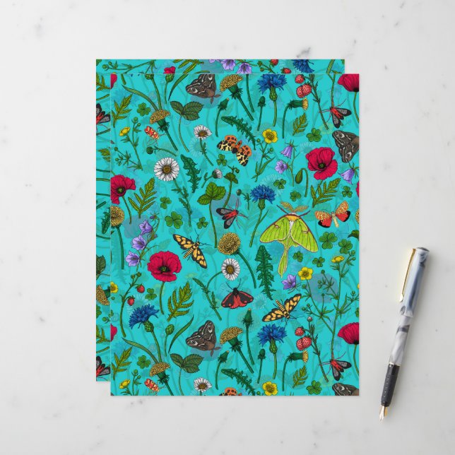 Papier Fleurs sauvages et papillons de nuit sur turquoise (Devant/Arrière en situation)