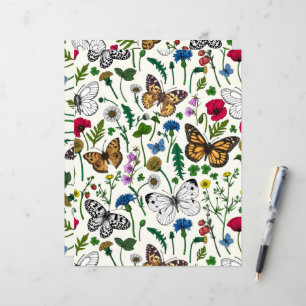 Papier Fleurs sauvages et papillons sur blanc