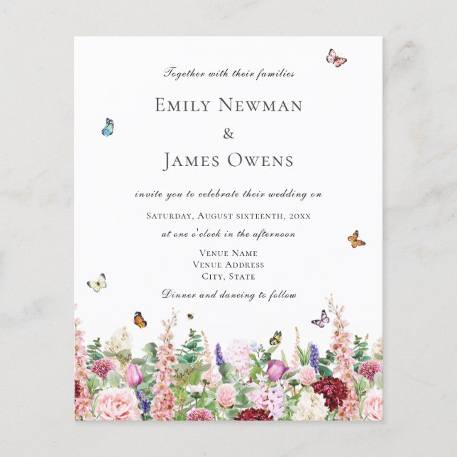 Papier Fleurs sauvages rose budget et papillons Mariage (Devant)
