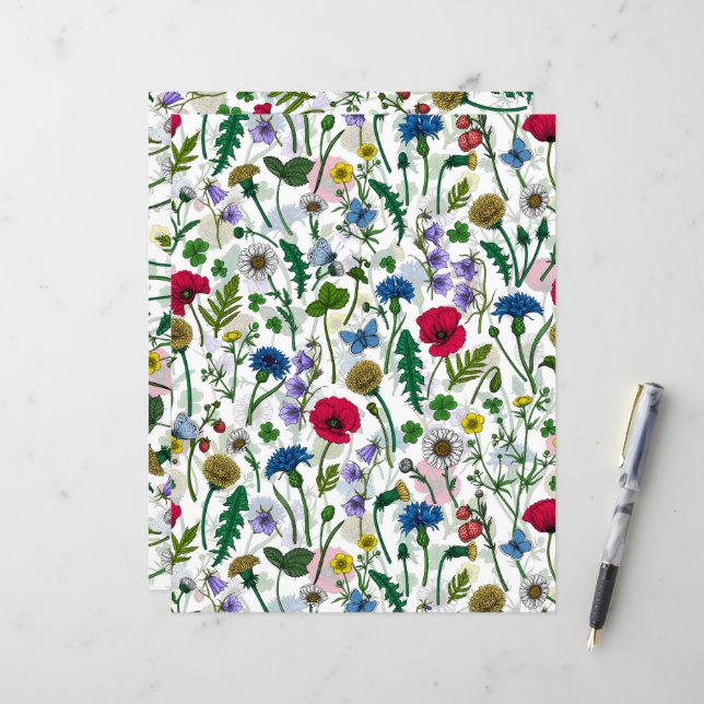 Papier Fleurs sauvages sur blanc cassé (Devant/Arrière en situation)