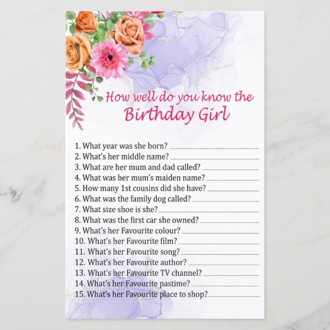 Papier Fleurs Tu connais bien la fille d'anniversaire (Devant)