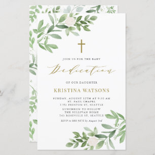 Papier Fleurs vertes et blanches Baby Dedication Invitati