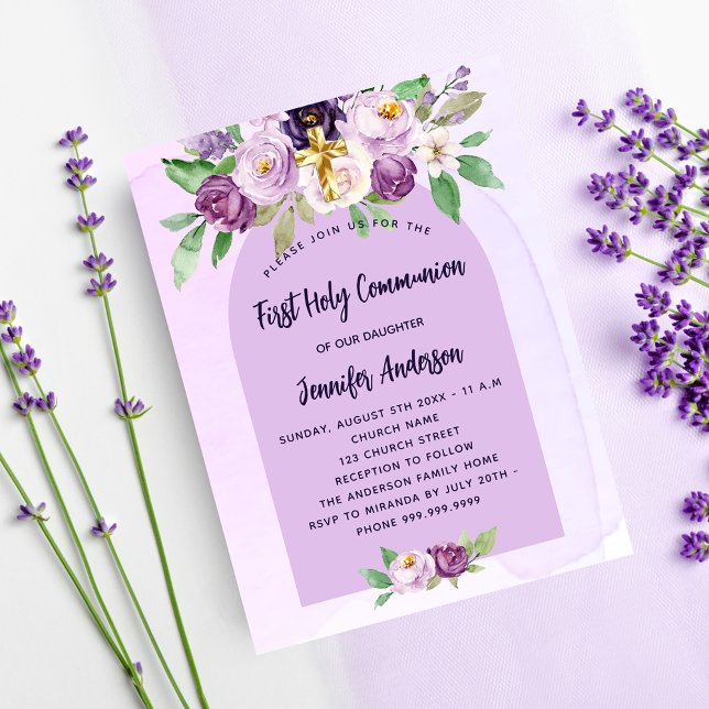 Papier Fleurs violettes de la première communion invitati (Créateur téléchargé)