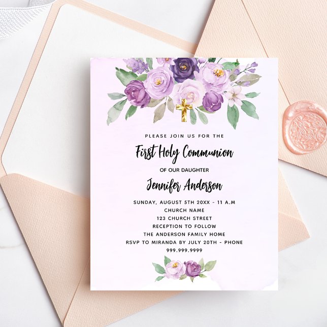 Papier Fleurs violettes de la première communion invitati (Créateur téléchargé)
