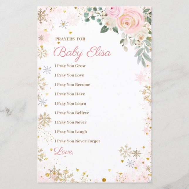 Papier Flocon de neige rose d'hiver Prières florales pour (Devant)