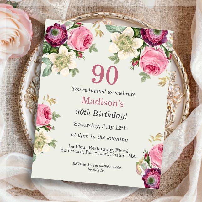 Papier Floral 90e anniversaire Invitation (Créateur téléchargé)