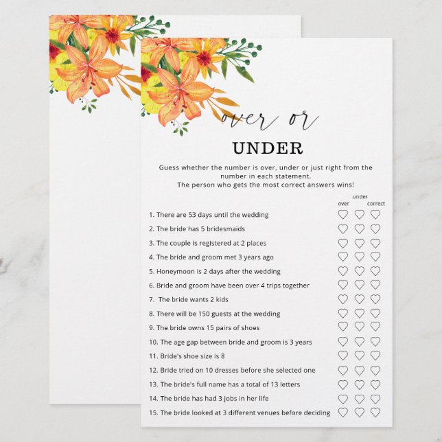 Papier Floral au-dessus ou sous la douche nuptiale (Devant / Derrière)