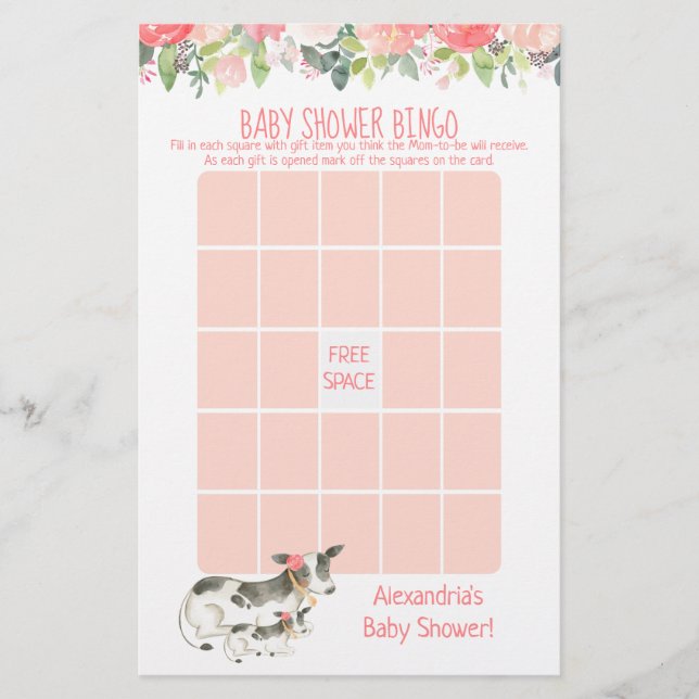 Papier Floral Baby shower Vache Jeu de Bingo (Devant)