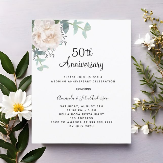 Papier Floral blanc 50e anniversaire mariage invitation (Créateur téléchargé)