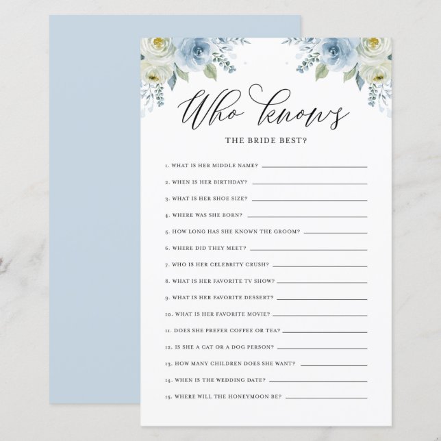 Papier Floral bleu qui connaît la mariée meilleur jeu de  (Devant / Derrière)