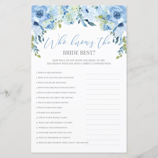 Papier Floral bleu qui connaît la mariée meilleur jeu édi (Devant)