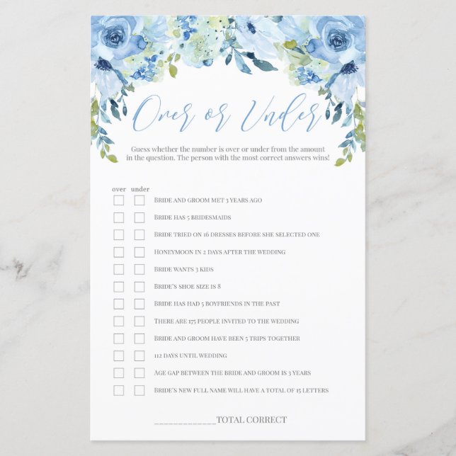 Papier Floral bleu sur ou sous la douche nuptiale (Devant)