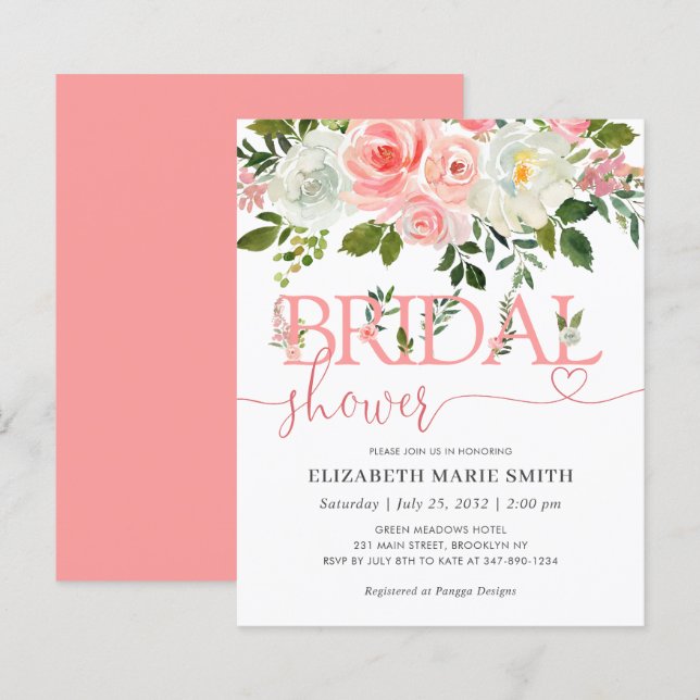 Papier Floral Blush rose Budget Nuptiale Douche Invitatio (Devant / Derrière)