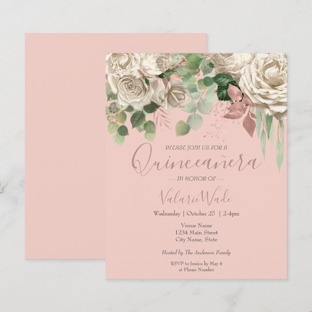 Papier Floral Blush rose Quinceanera Budget Invitation (Devant / Derrière)