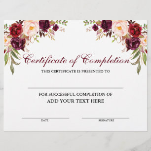 Papier Floral Bourgogne Certificat d'achèvement