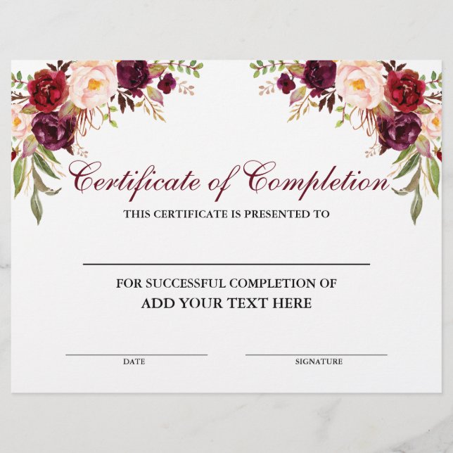 Papier Floral Bourgogne Certificat d'achèvement (Devant)