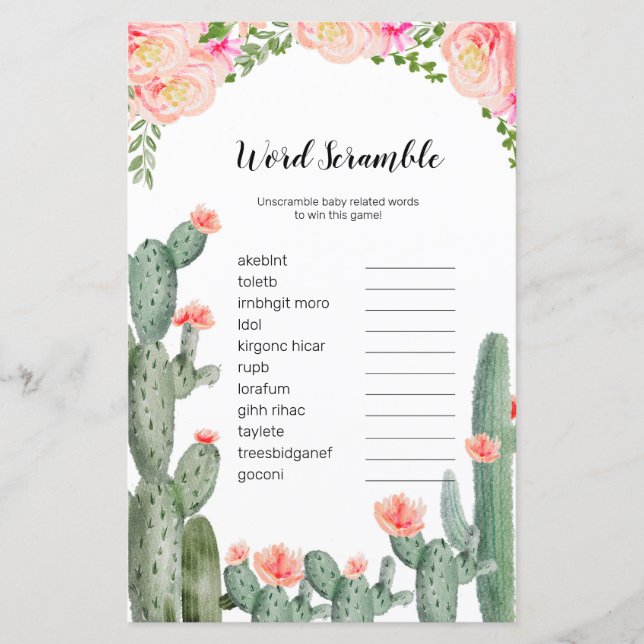 Papier Floral Cactus Aquarelle Word Scramble Jeu (Devant)